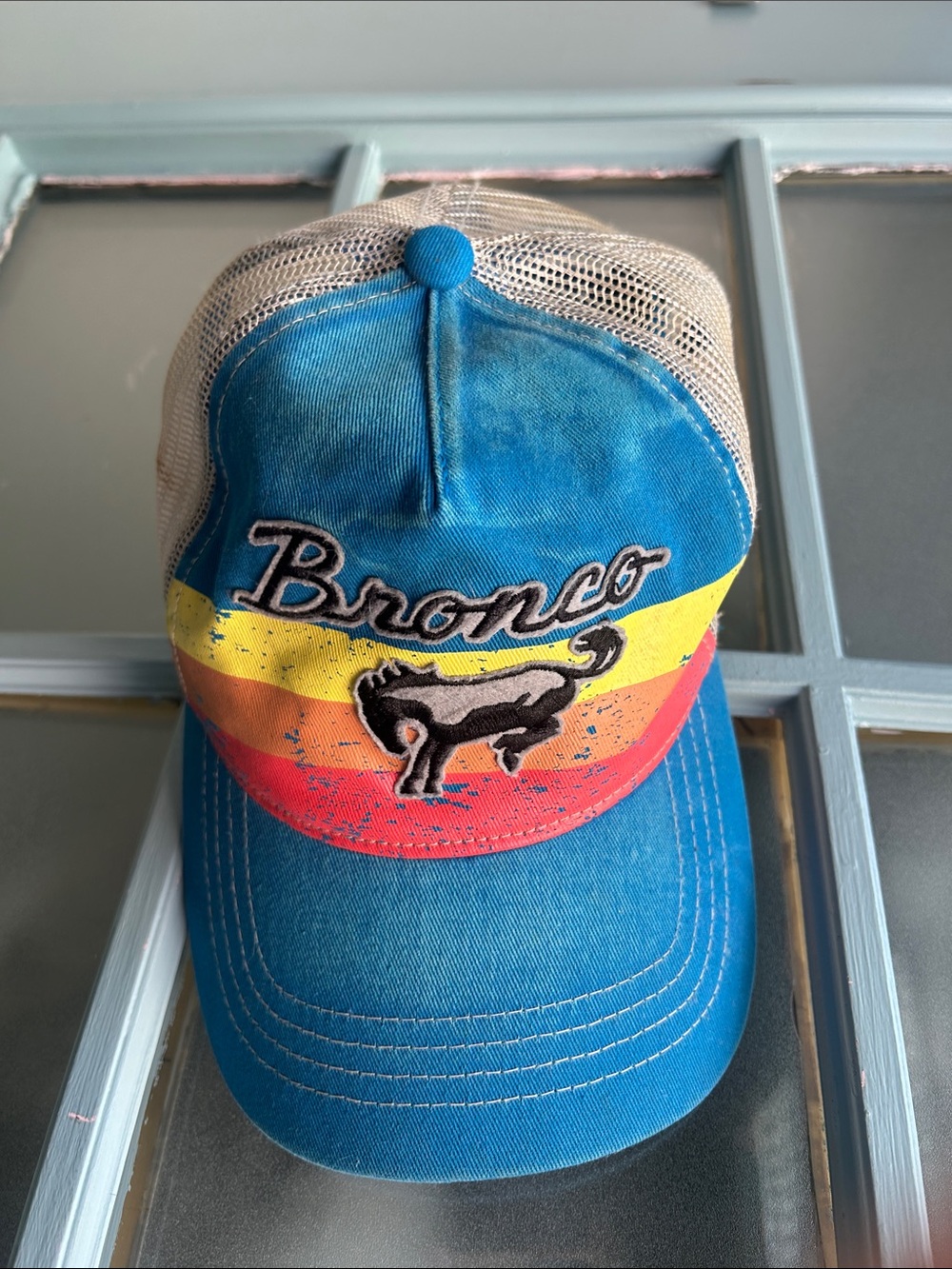 Vintage Style Ford Bronco Embroidered Snap Back Trucker Hat Curved Brim in Blue